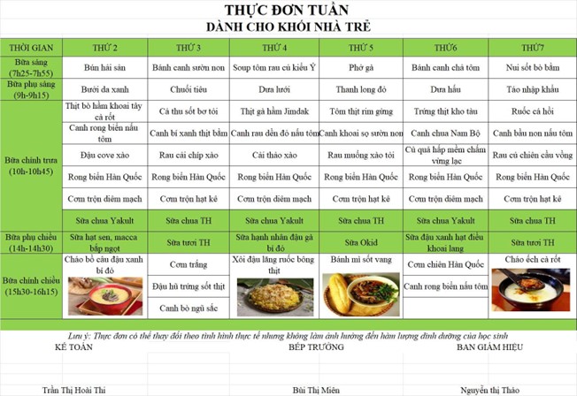 Thực đơn tuần mùa đông cho trẻ và giáo viên tại Trần Đại Nghĩa